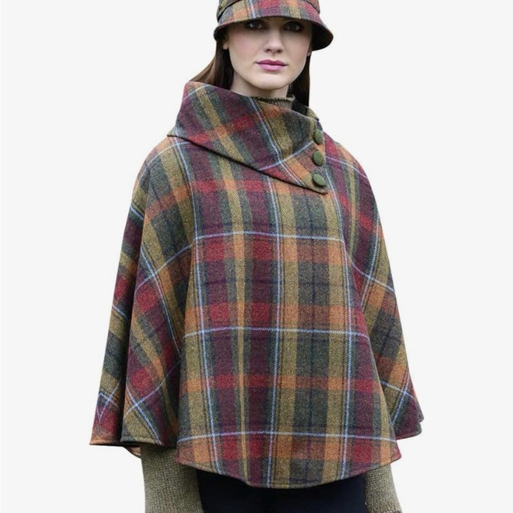 New 100% wool brown green plaid Mucros Weavers Killarney Ireland O/S cape - Picture 2 of 9
